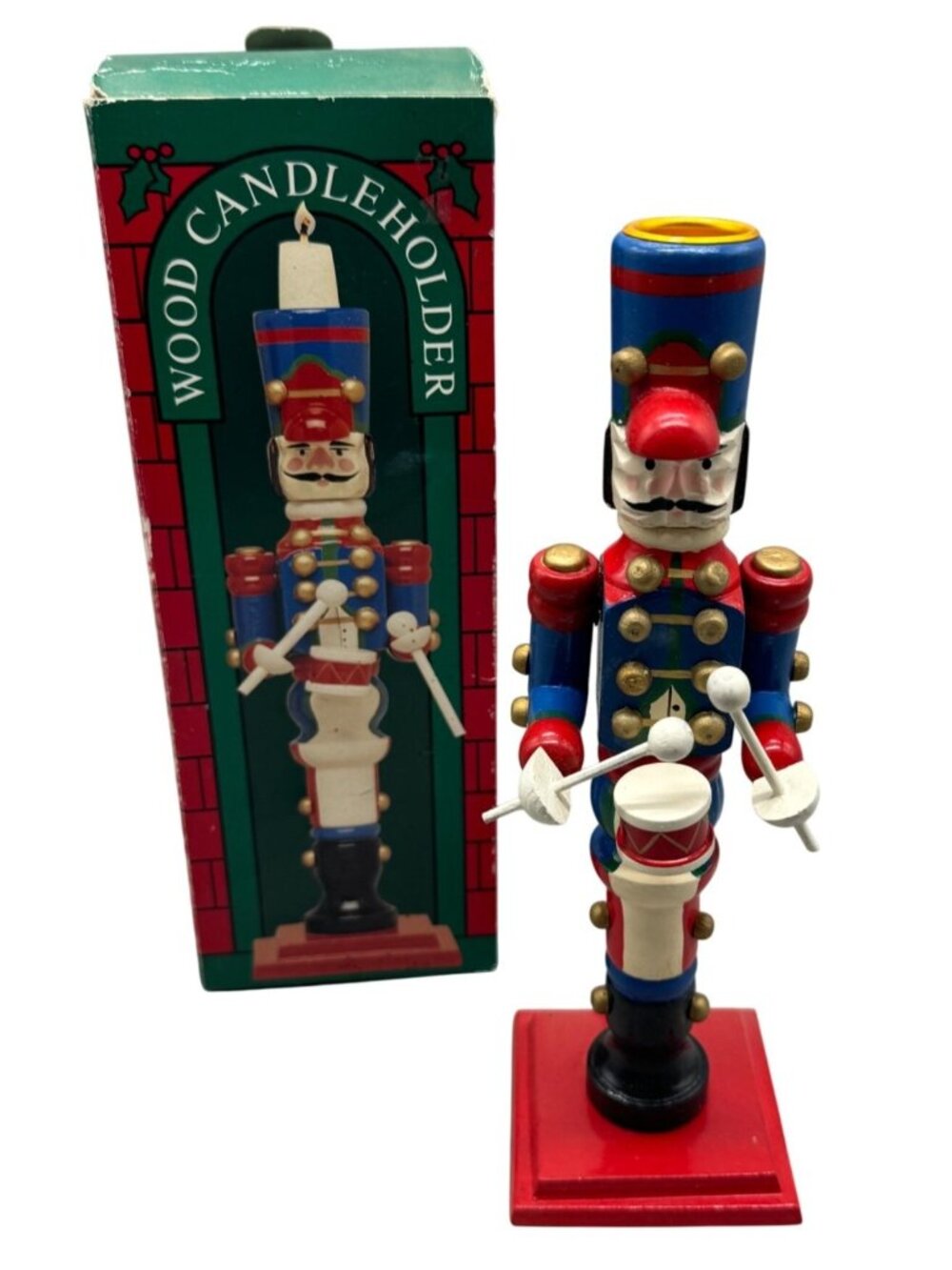 Wood Candleholder Nutcracker Soldier Figurine Handcrafted Drum Christmas READ